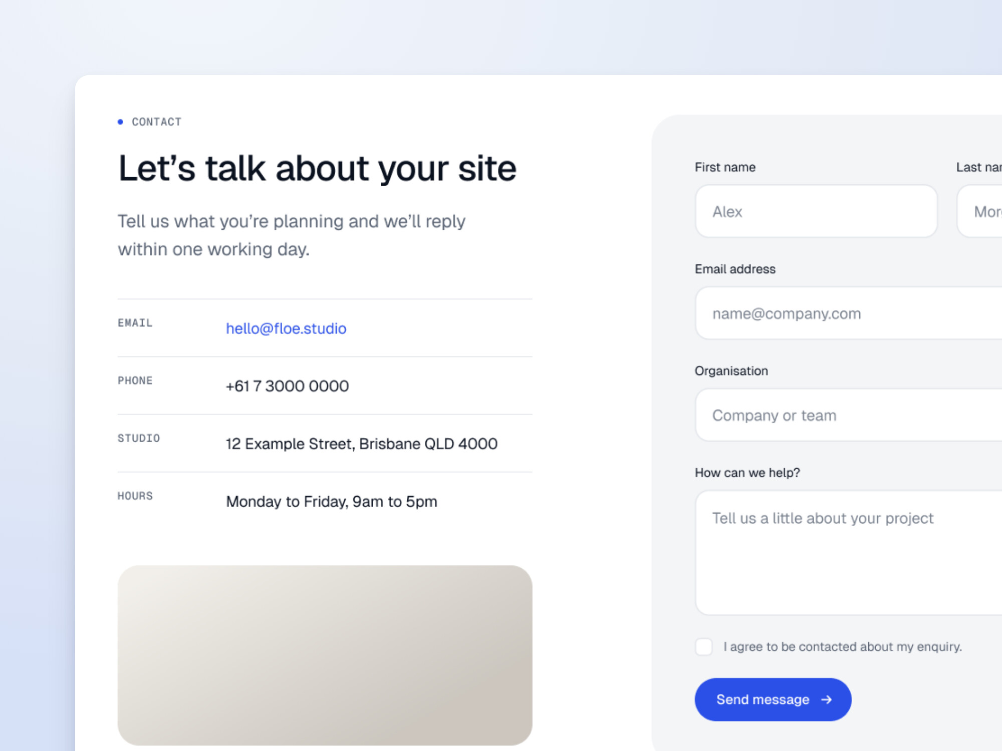 Design preview of the Contact block