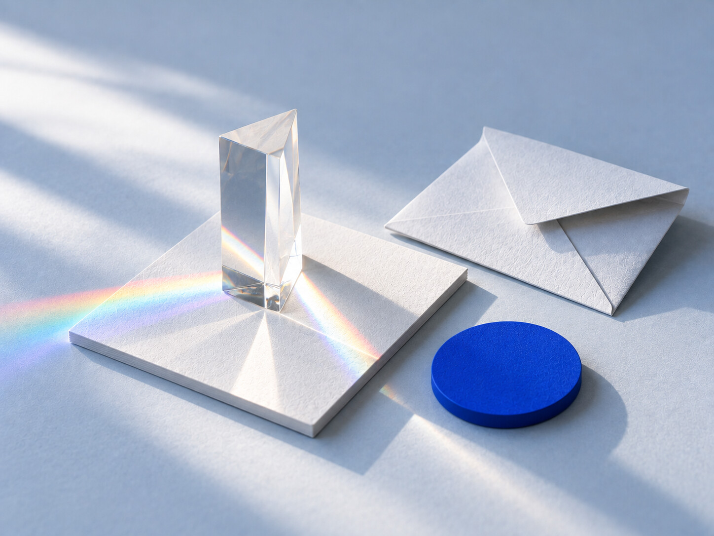 A glass prism casts a spectrum beside a paper envelope and a blue disc.