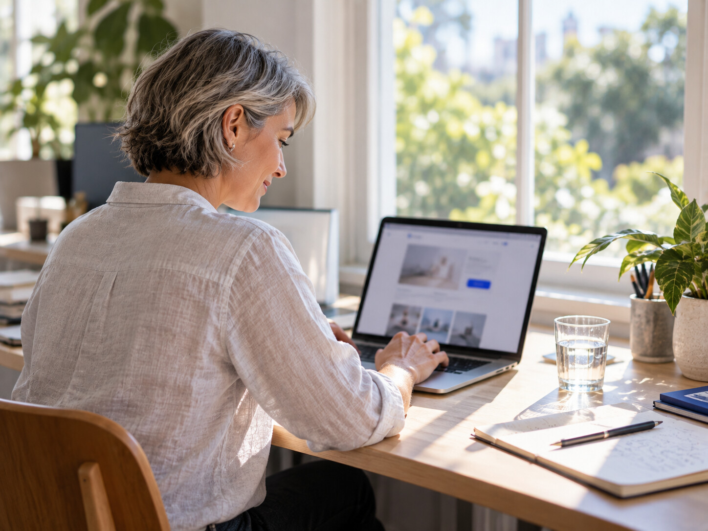 A client updates her organisation's website on a laptop by a bright window.