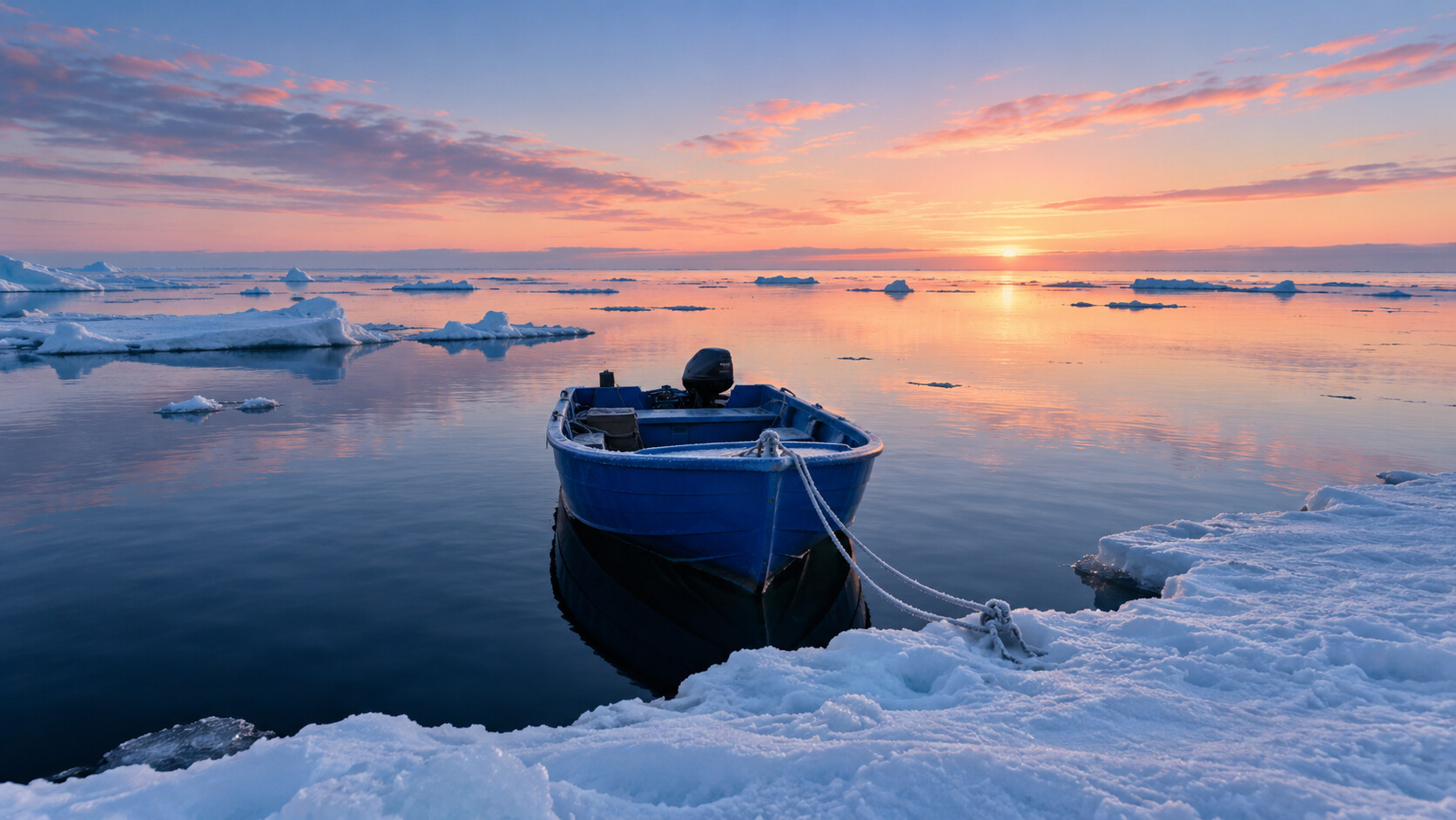 A small blue boat waits at the edge of the ice, facing open water at dawn.