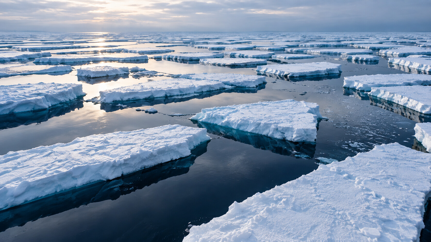 Rectangular slabs of sea ice drift in rows on dark water.