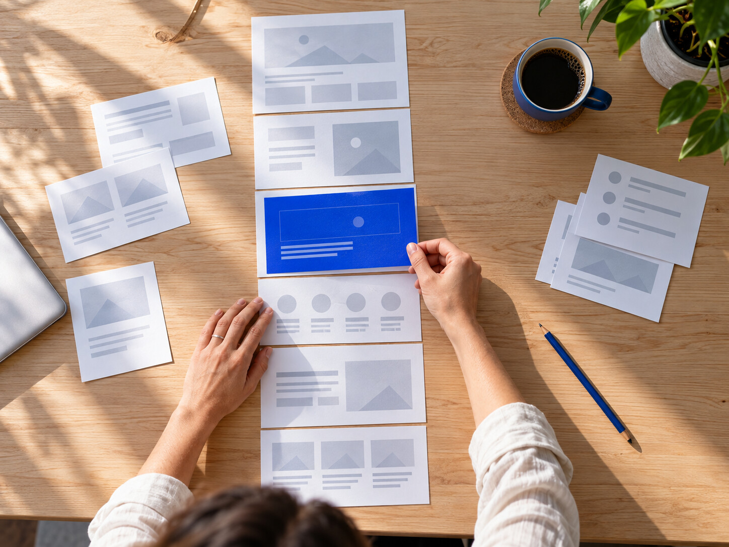 A designer arranges paper cards, each one a page block, into the layout of a web page.