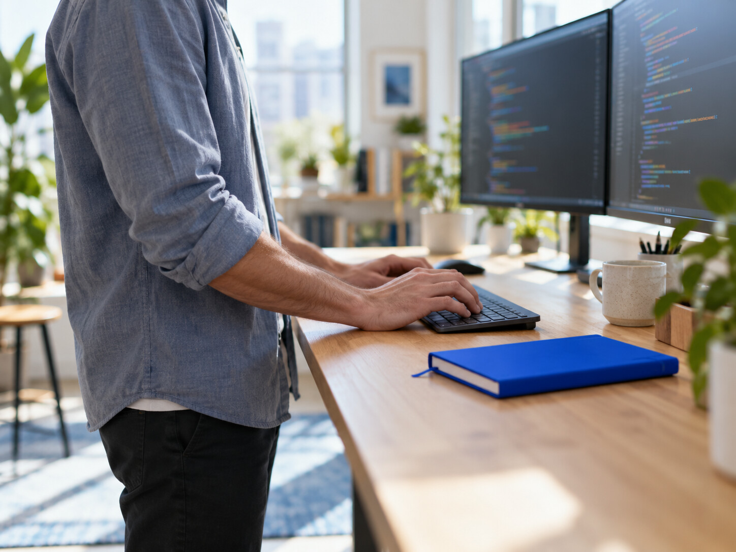 A developer builds a page at a standing desk.