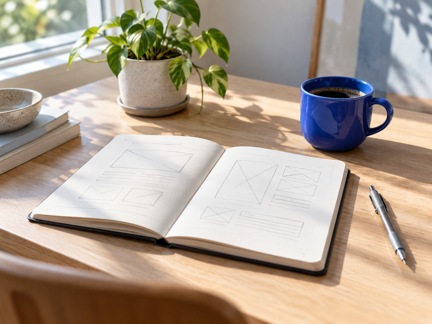 An open sketchbook of wireframes beside a blue coffee cup.