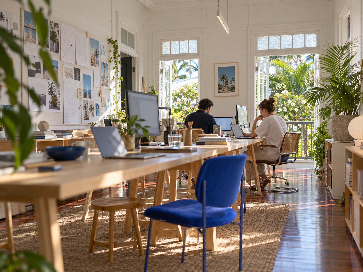 A long shared desk in a bright timber studio, with greenery outside the windows.