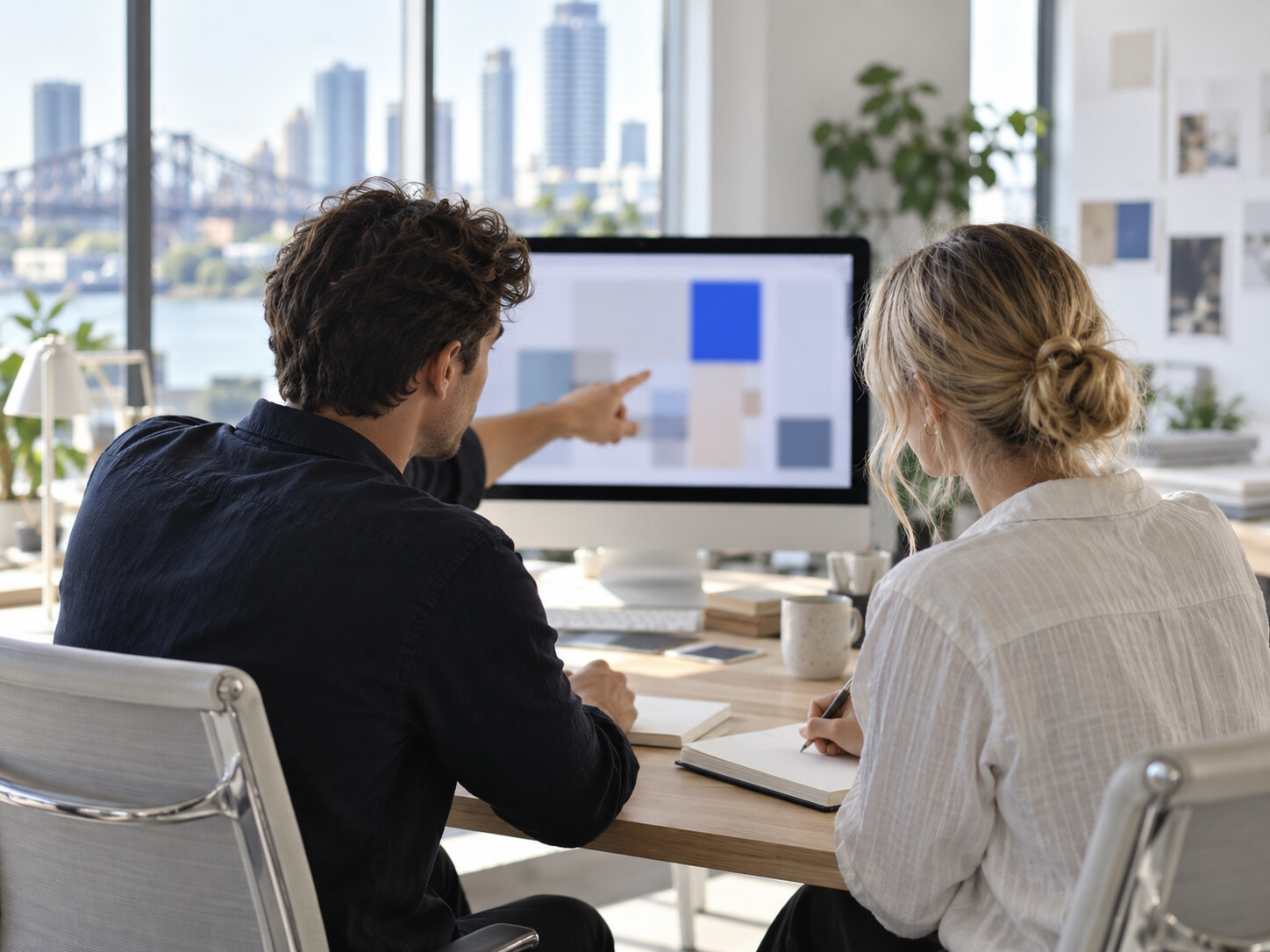 Two colleagues review a page design together at a monitor.