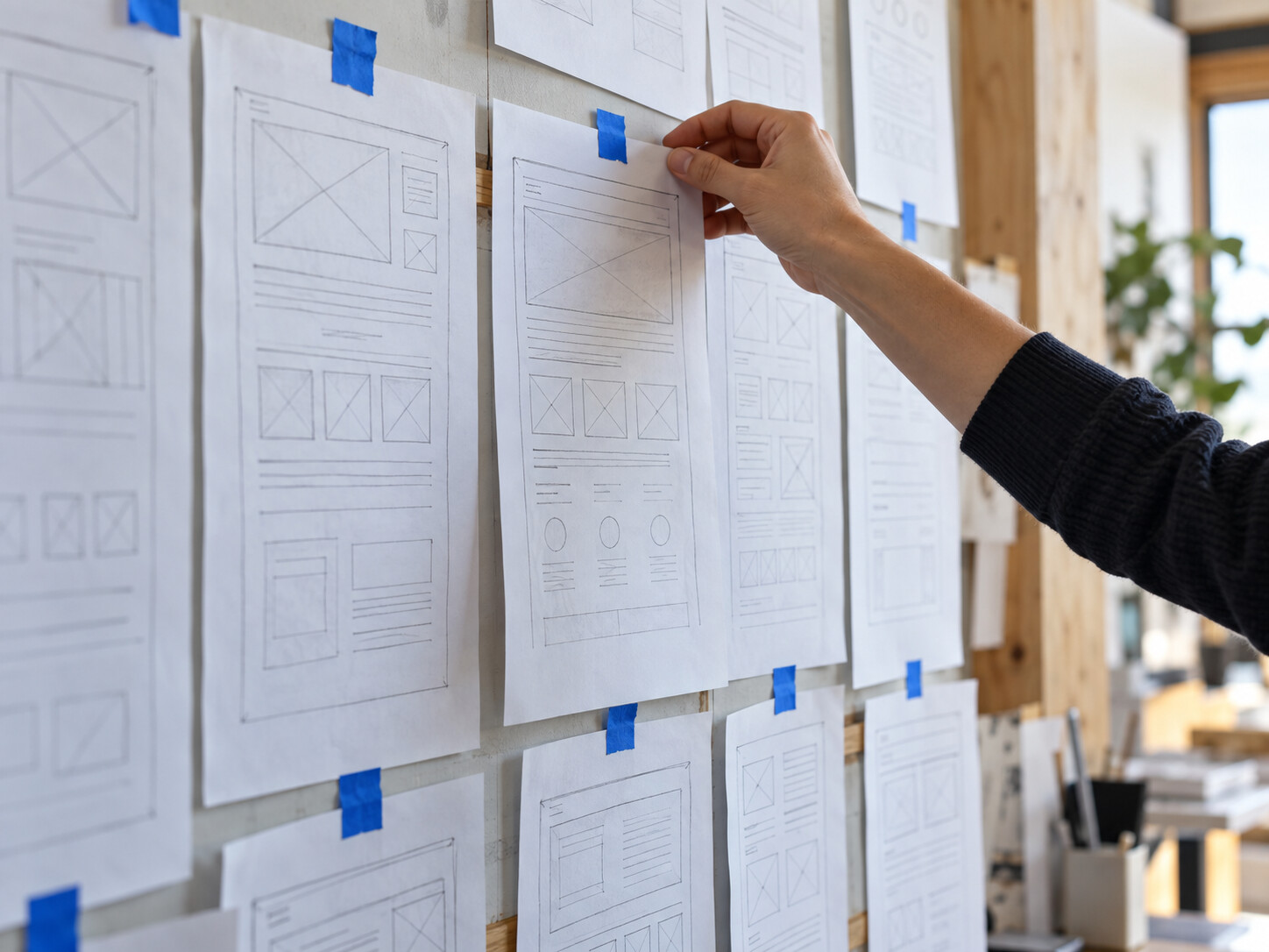 A hand pins a new page sketch onto a wall of wireframes.
