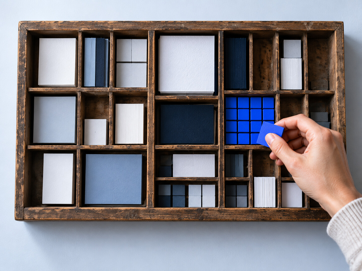 A printer's type case filled with modular paper tiles, one being lifted out.