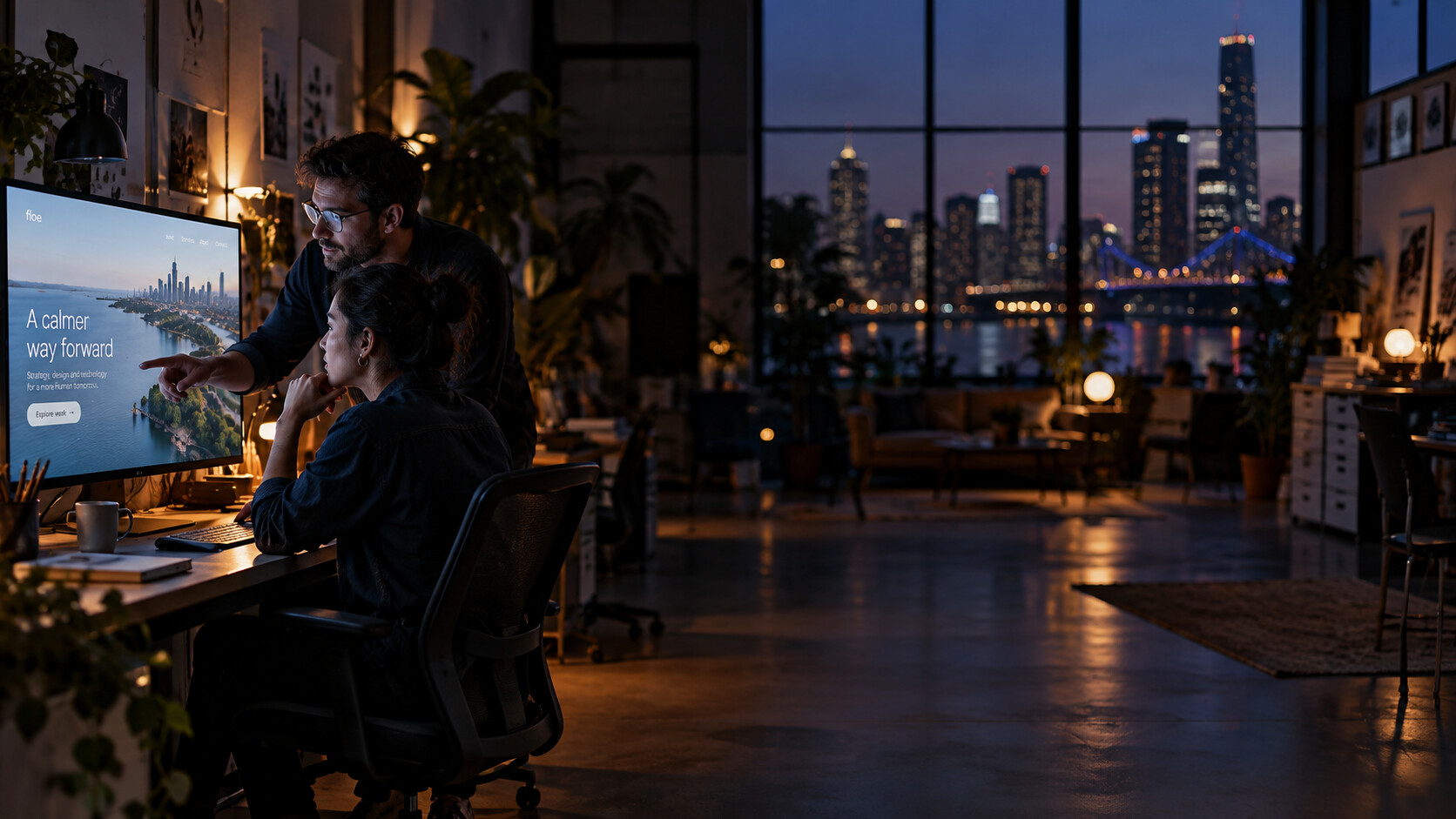 Two designers review a web page on a large screen in the studio at dusk.